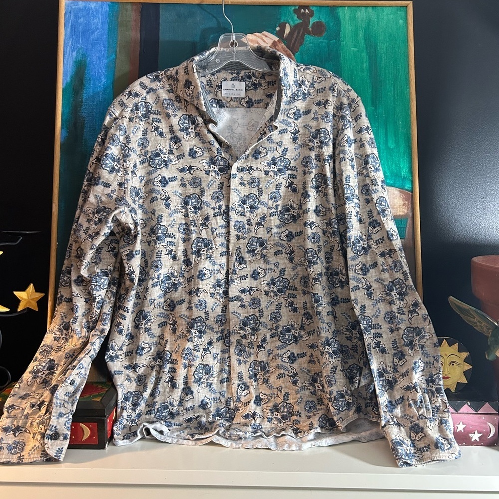 Emanuel Berg Men’s Dress Shirt Size Large Cream Tan Floral Going Out Party L/XL